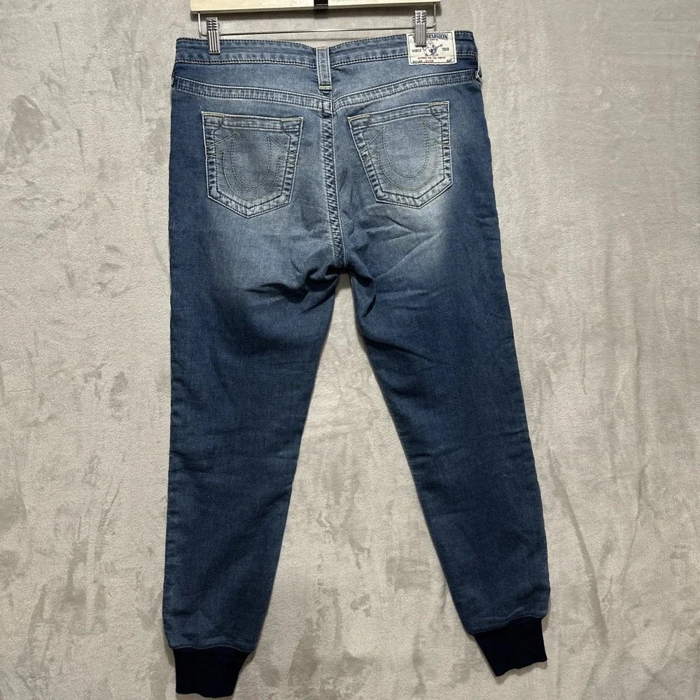 True Religion Men's 29 Blue World Tour Jean Drawstring Joggers Zippered Fly Logo